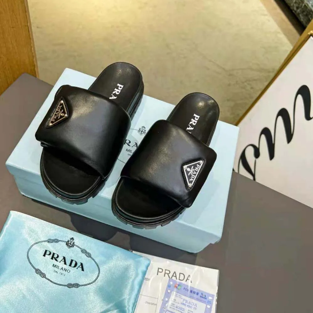 Prada Soft Padded Nappa Leather Slides for Women in Black