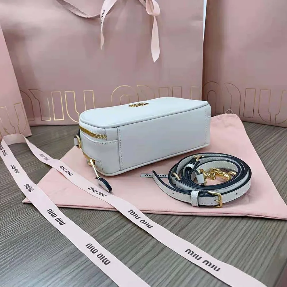 Miu Miu Arcadie Leather Bag with Metal Lettering Logo for Women in White Miu Miu Arcadie Leather Bag with Metal Lettering Logo for Women in White