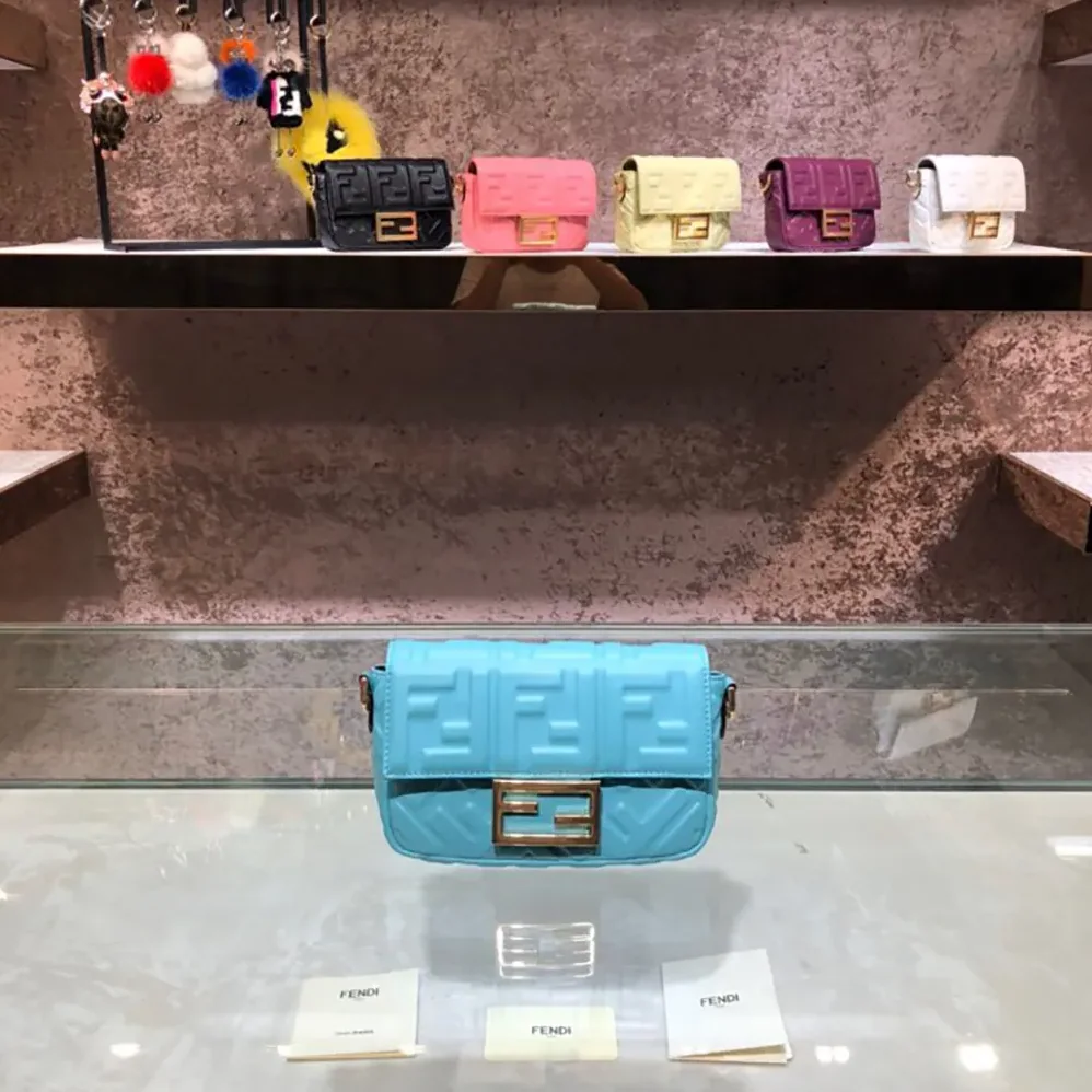 Fendi Baguette Mini Blue Nappa Leather Bag with FF Motif for Women