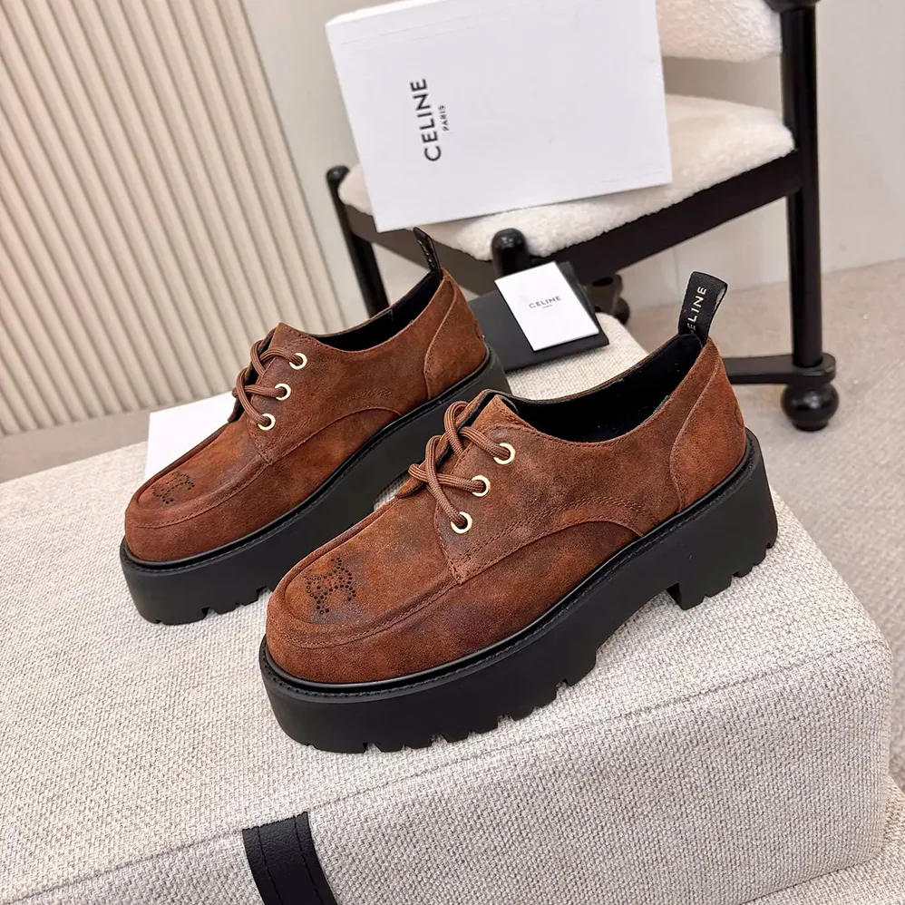 Celine Triomphe Derbies in Waxed Suede Calfskin for Women in Brown