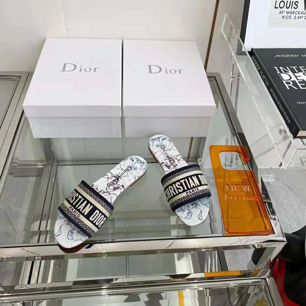Dior Dway Slide Blue Dior Around the World Embroidered Cotton for Women Dior Dway Slide Blue Dior Around the World Embroidered Cotton for Women