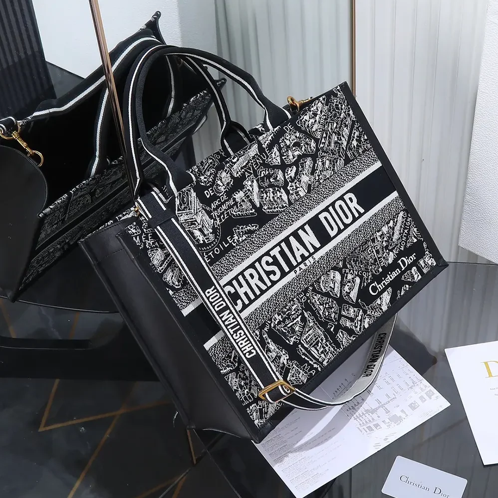 Dior Medium Dior Book Tote Black and White Plan de Paris Embroidery with Black Calfskin for Women Dior Medium Dior Book Tote Black and White Plan de Paris Embroidery with Black Calfskin for Women