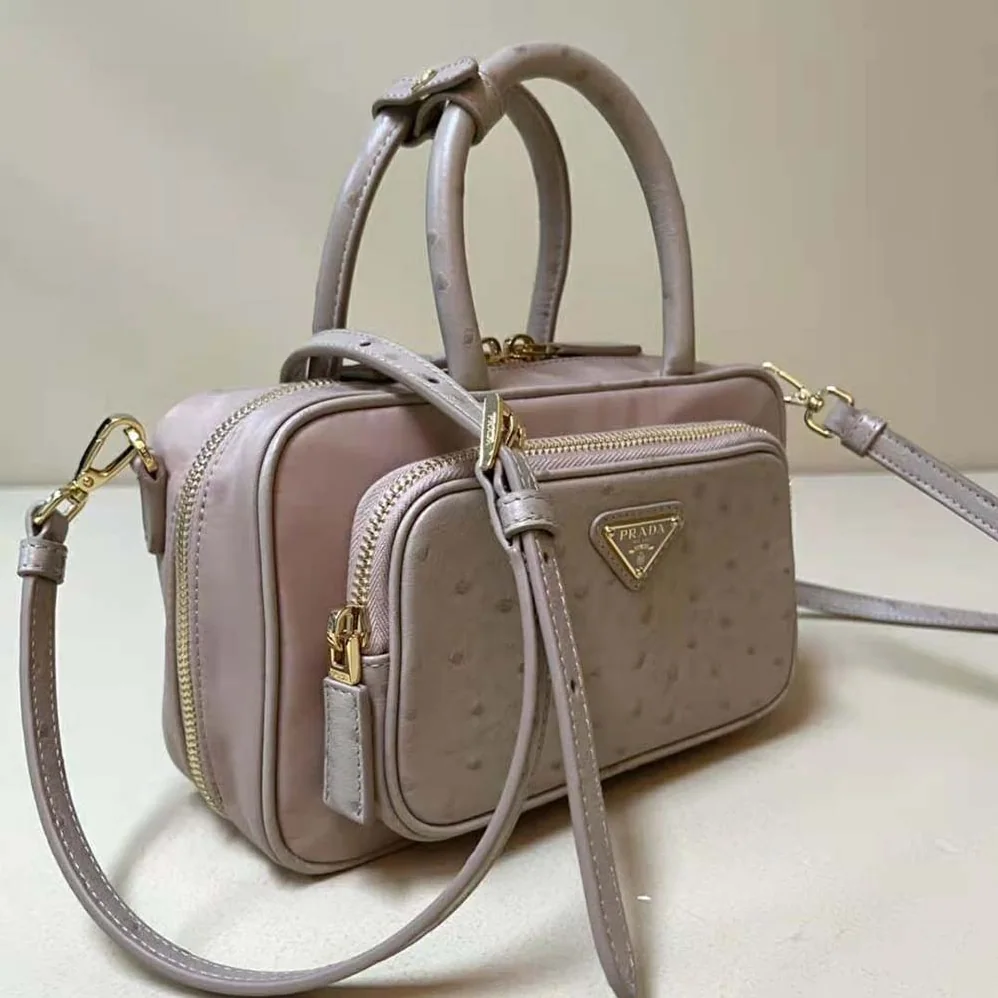 Prada Re-Nylon and Ostrich Leather Two-handle Bag for Women in Pink