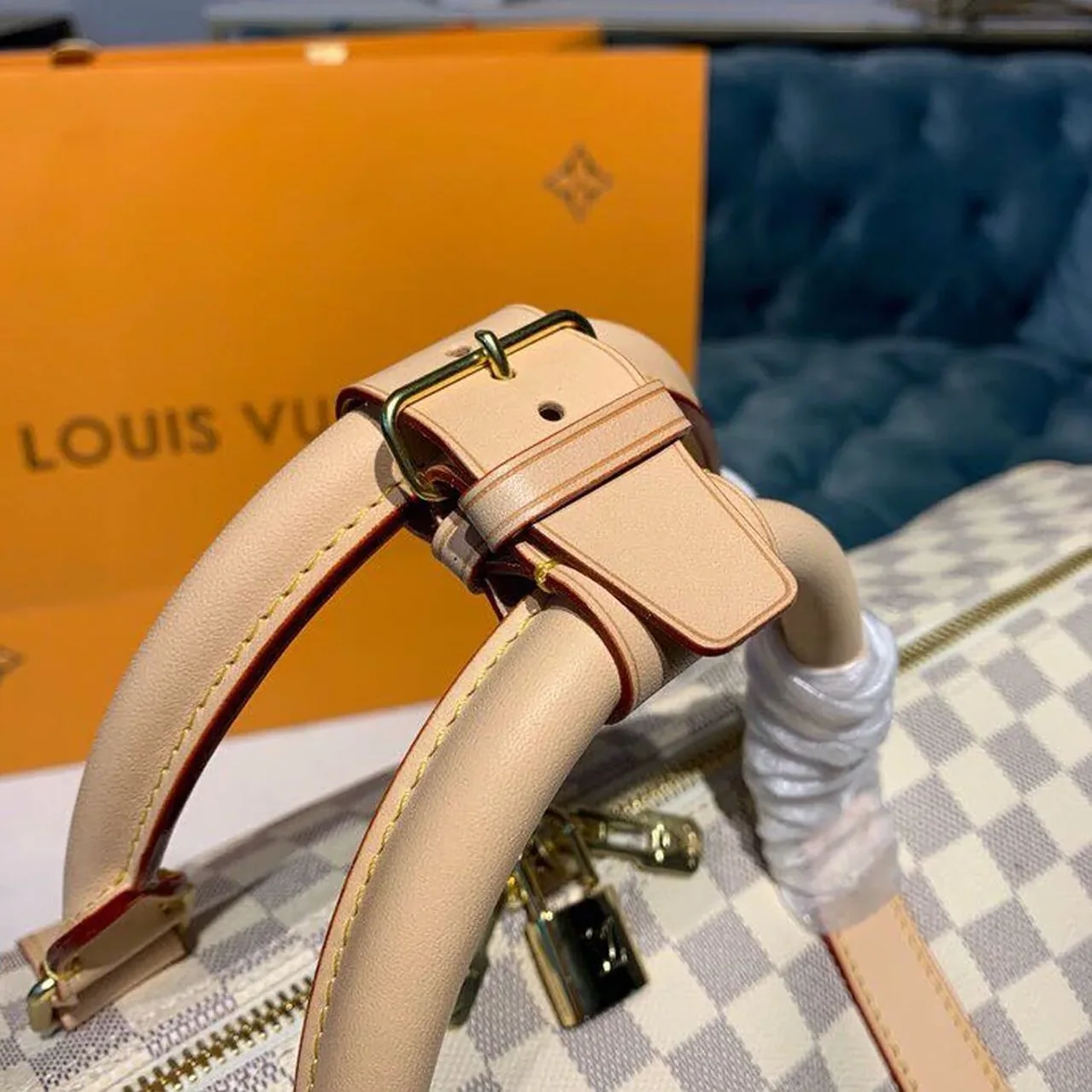 Louis Vuitton Keepall Bandouliere 55 Travel Bag in Damier Azur Gold Hardware Louis Vuitton Keepall Bandouliere 55 Travel Bag in Damier Azur Gold Hardware
