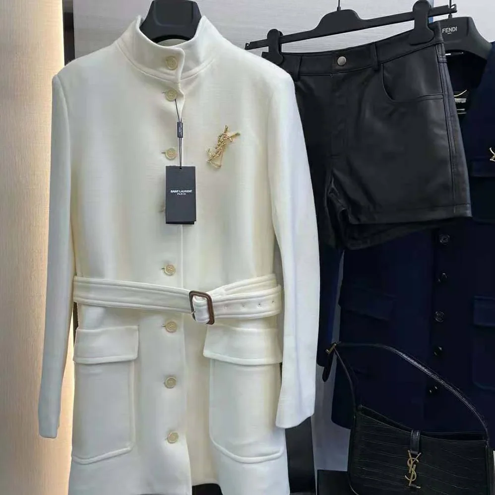 Saint Laurent YSL Long Belted Jacket in Wool Jersey for Women in White