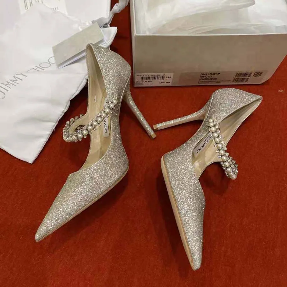 Jimmy Choo Baily 100 Platinum Ice Dusty Glitter Pumps with Crystal and Pearl Strap for Women Jimmy Choo Baily 100 Platinum Ice Dusty Glitter Pumps with Crystal and Pearl Strap for Women