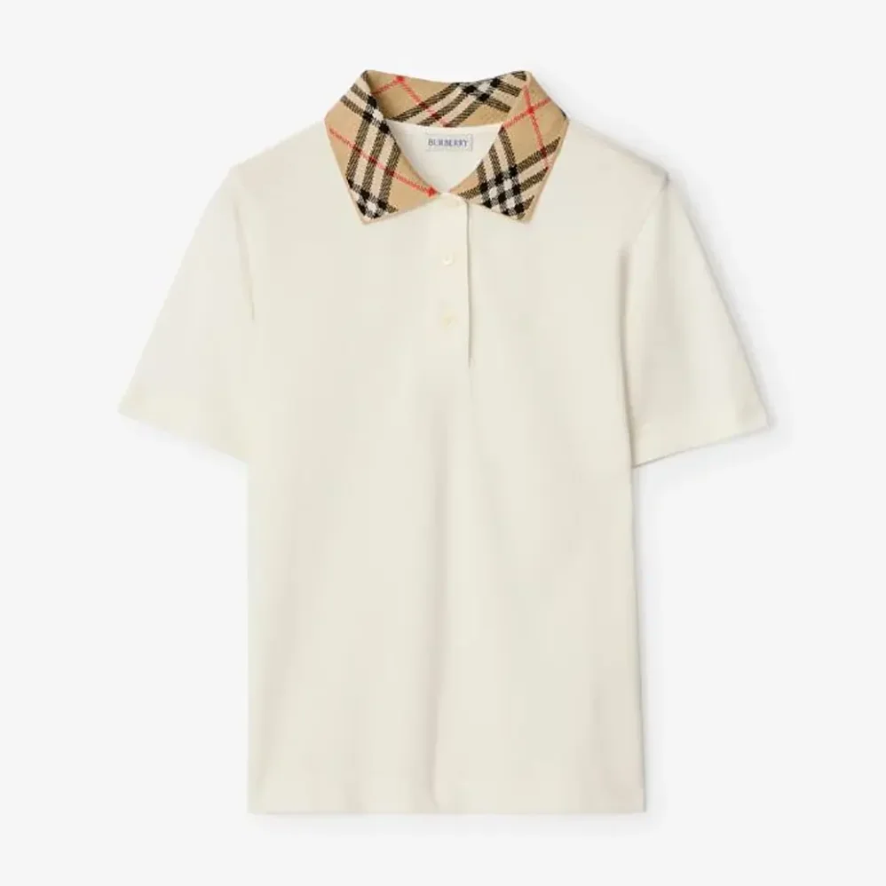 Burberry Check Collar Cotton Polo Shirt for Women in White Burberry Check Collar Cotton Polo Shirt for Women in White