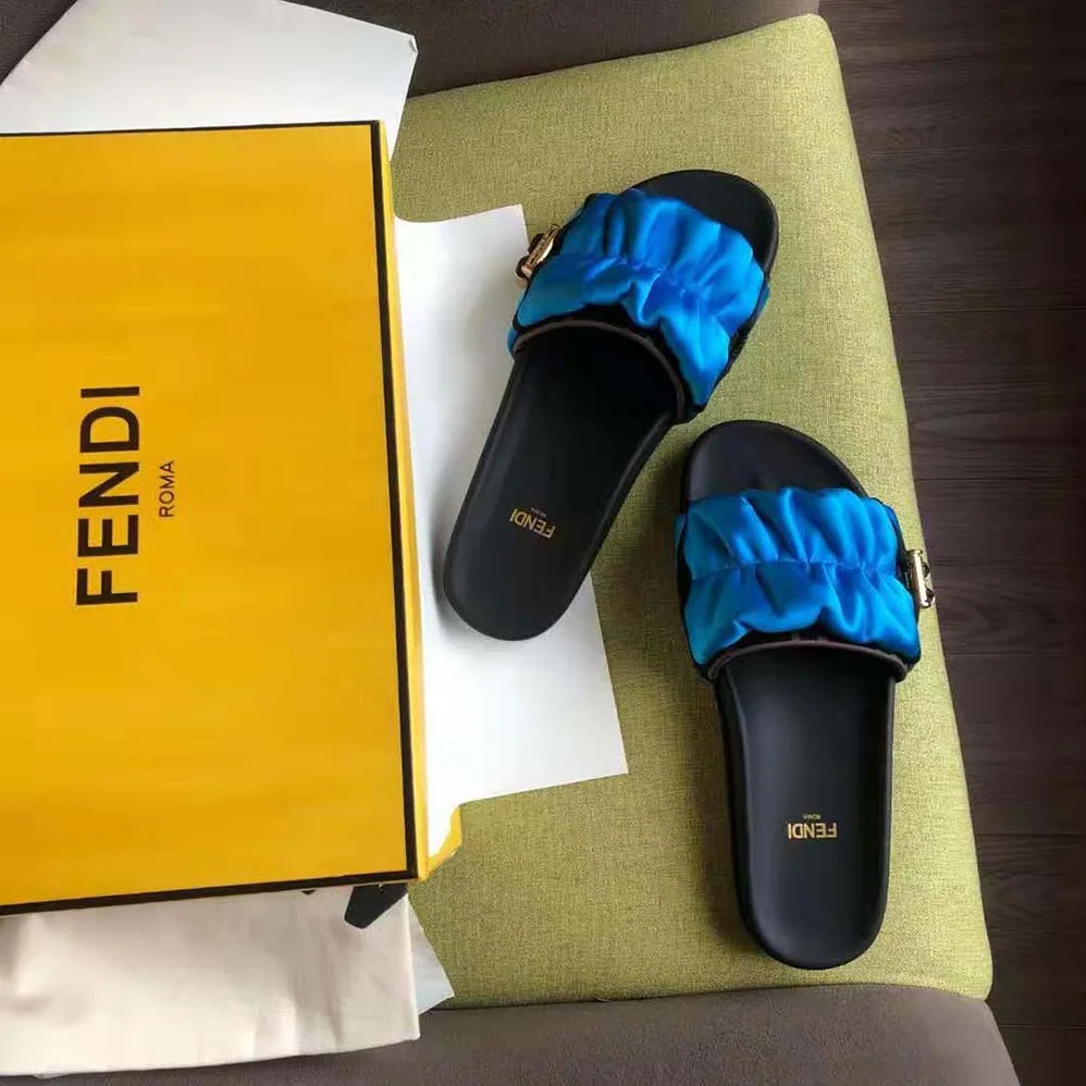Fendi Vertigo Light Blue Satin Slides for Women