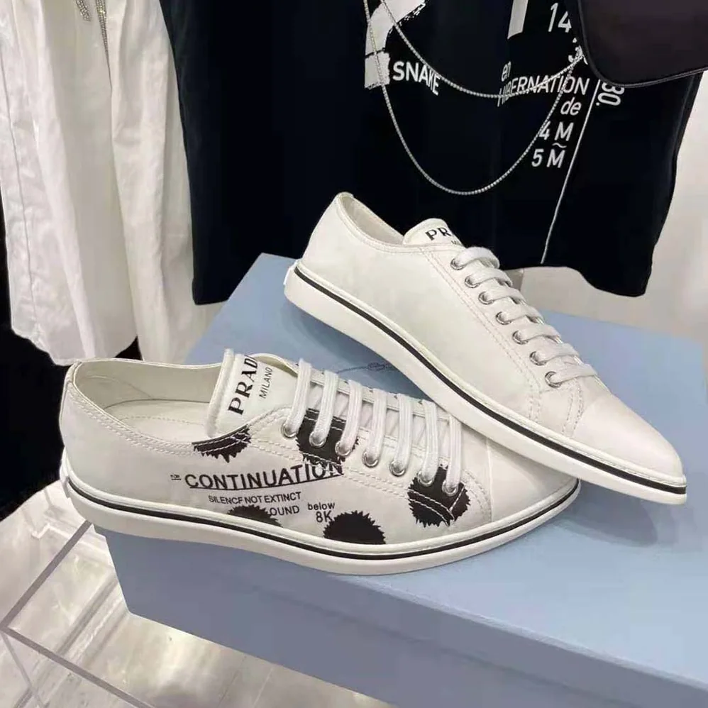 Prada Printed Cotton Gabardine Sneakers for Women in White Prada Printed Cotton Gabardine Sneakers for Women in White