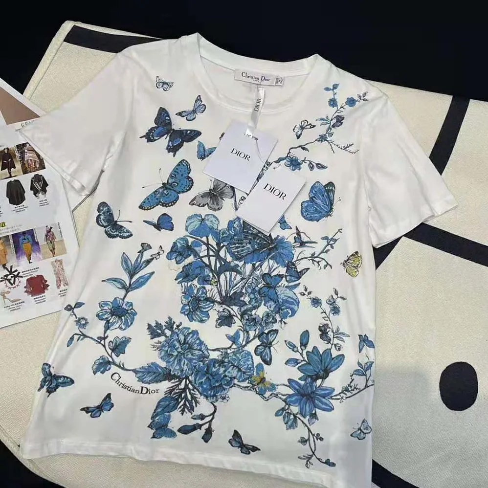 Dior T-Shirt White Cotton Jersey with Pastel Midnight Blue Toile de Jouy Mexico Motif for Women Dior T-Shirt White Cotton Jersey with Pastel Midnight Blue Toile de Jouy Mexico Motif for Women