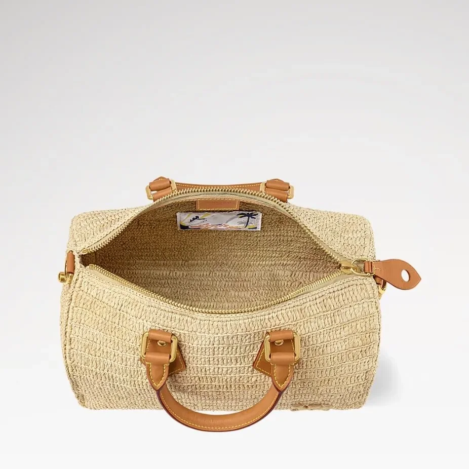 Louis Vuitton Speedy 30 Bandouliere Top Handle Bag / Natural Beige Raffia Gold Hardware