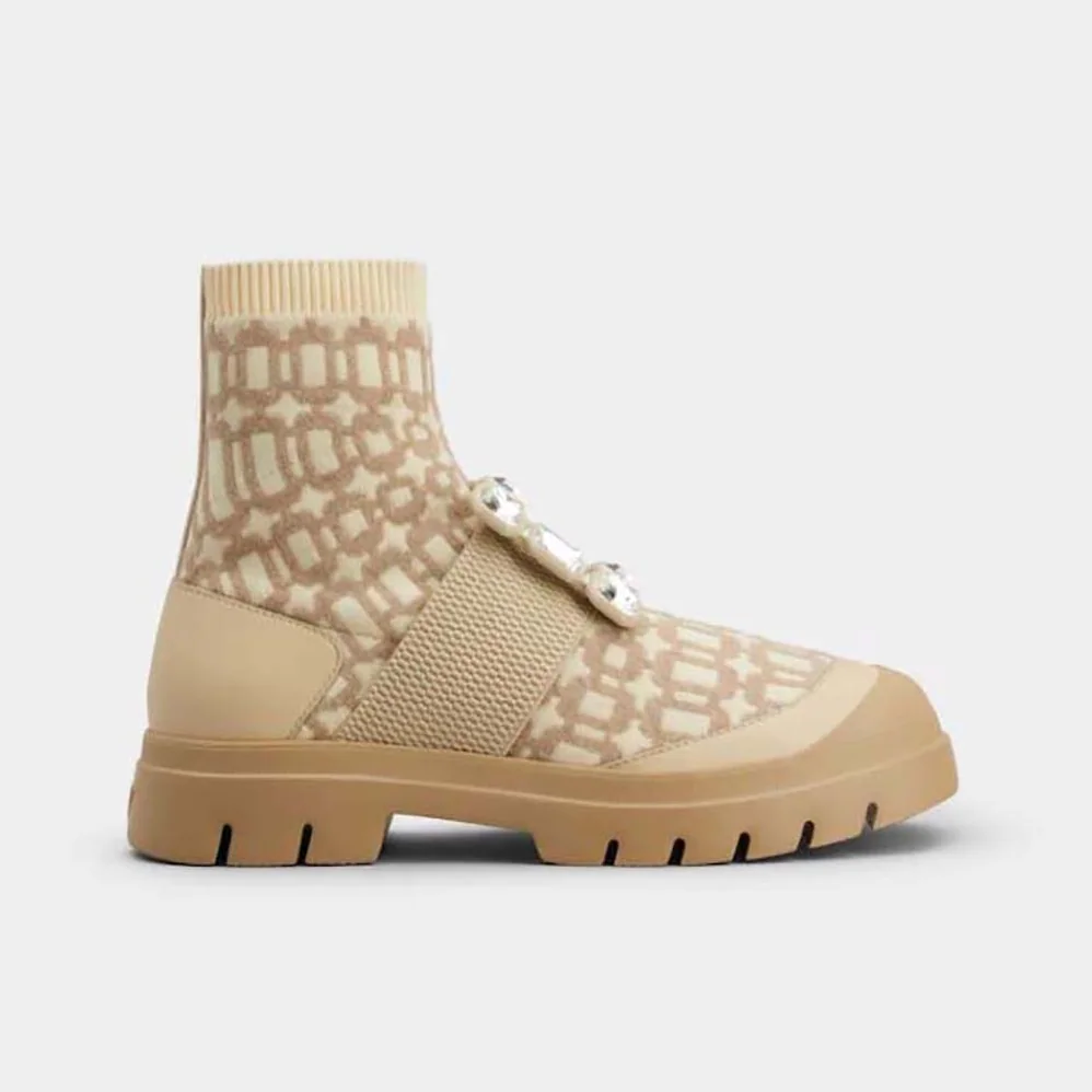 Roger Vivier Walky Viv' Rhinestone Buckle Socks Ankle Boots in Fabric for Women in Beige