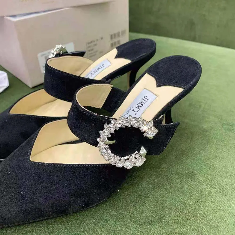 Jimmy Choo Marta 70 Black Suede Mules with Crystal Buckle for Women Jimmy Choo Marta 70 Black Suede Mules with Crystal Buckle for Women