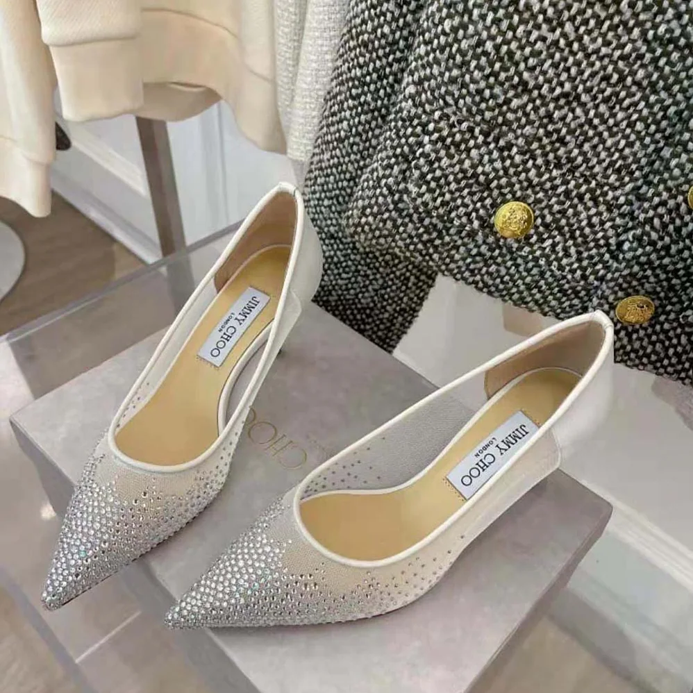 Jimmy Choo Love 85 White Mesh Pointed-Toe Pumps with Degrade Crystals for Women