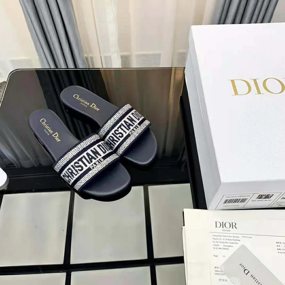 Dior Dway Slide Black Cotton Embroidery with Metallic Thread and Silver for Women in Tone Strass