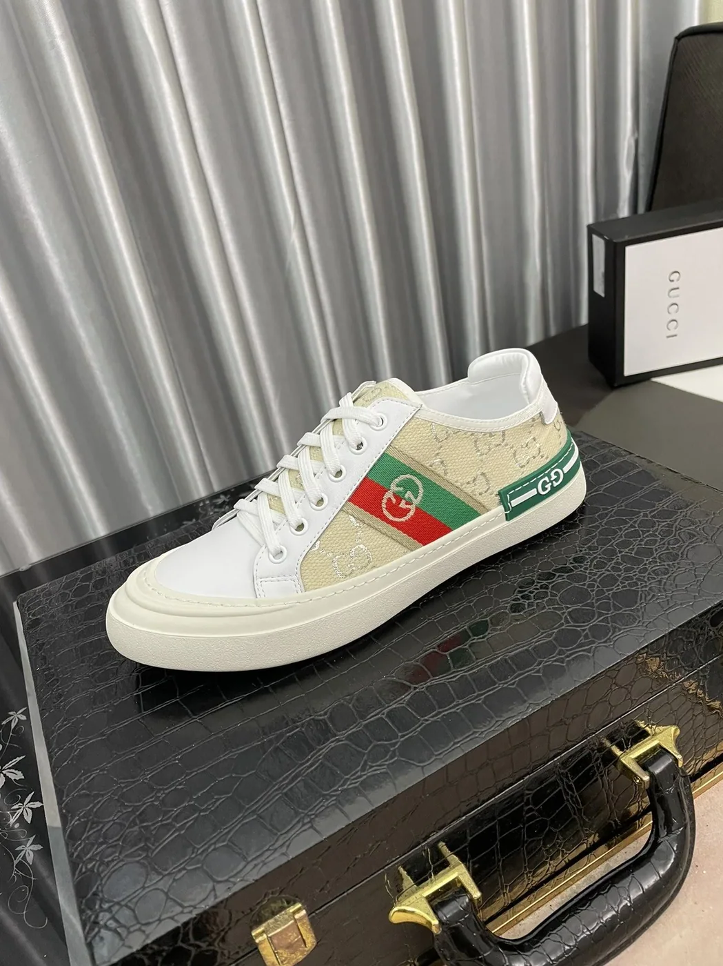 Gucci GG Embroidery Sneaker With Web White And Beige for Men