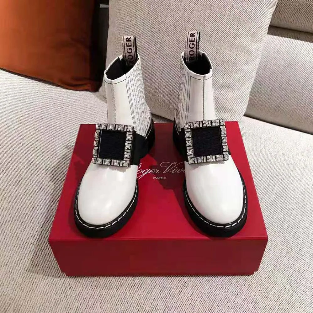 Roger Vivier Viv' Rangers Stitch Strass Buckle Booties in Leather for Women in White Roger Vivier Viv' Rangers Stitch Strass Buckle Booties in Leather for Women in White
