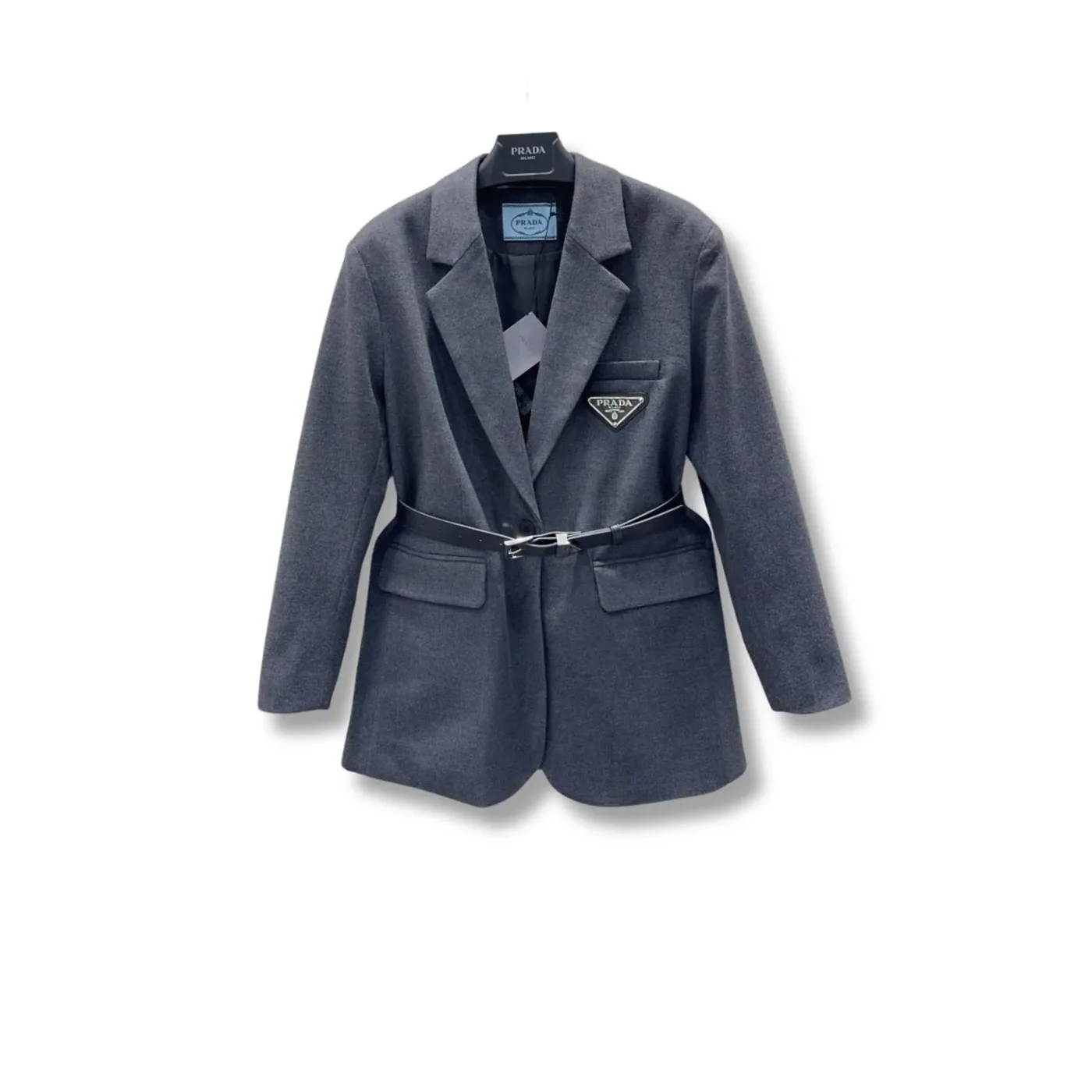 Prada Belted Tailored Blazer With Triangle Logo Grey