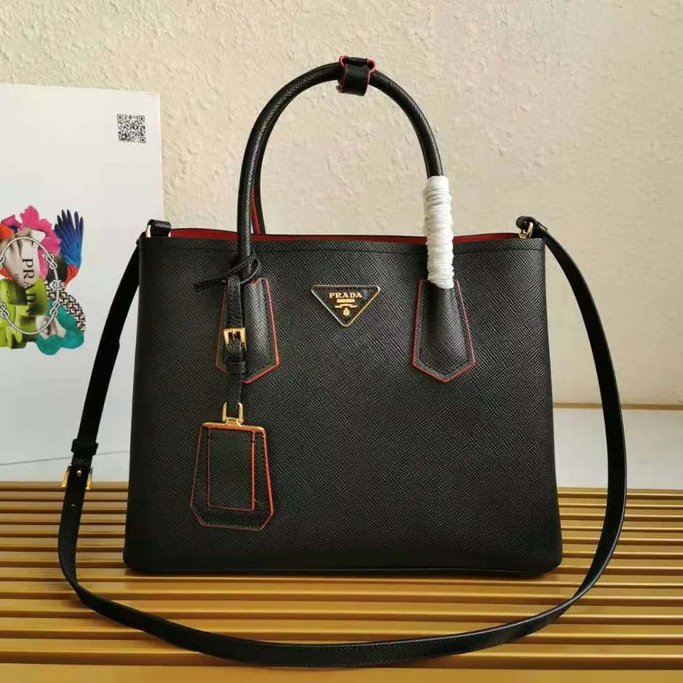 Prada Small Saffiano Leather Double Prada Bag for Women in Black Prada Small Saffiano Leather Double Prada Bag for Women in Black