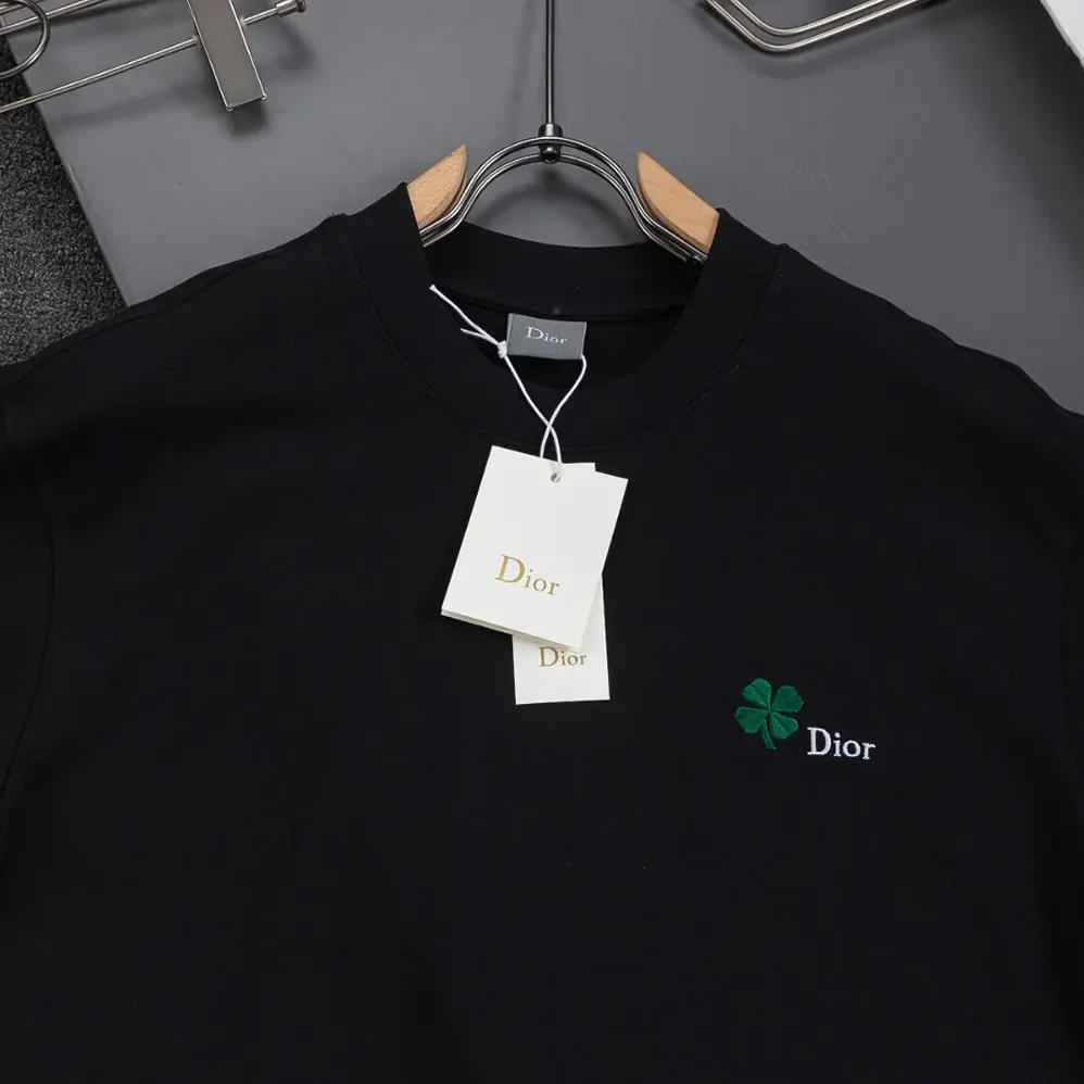 Dior T-Shirt with Dior Clover Embroidery Regular Fit Black Cotton Jersey for Men