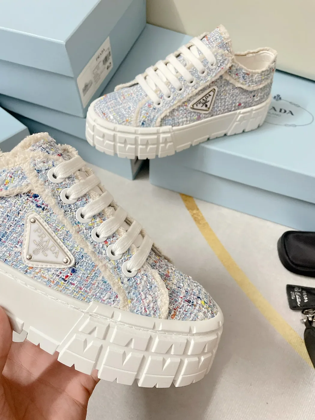 Prada Double Wheel Gabardine Sneakers Light Blue in PRD