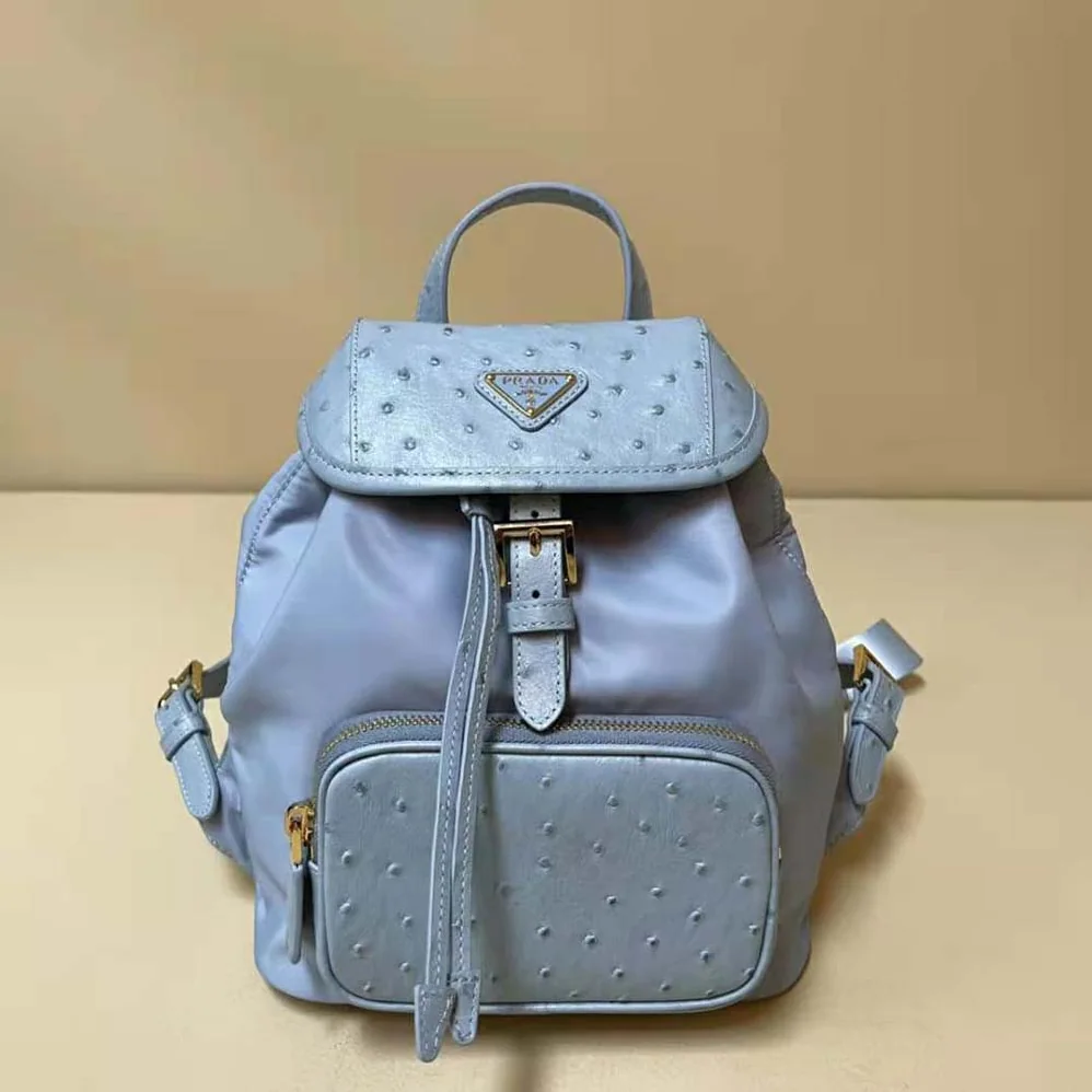 Prada Re-Nylon and Ostrich Leather Backpack for Women in Blue Prada Re-Nylon and Ostrich Leather Backpack for Women in Blue