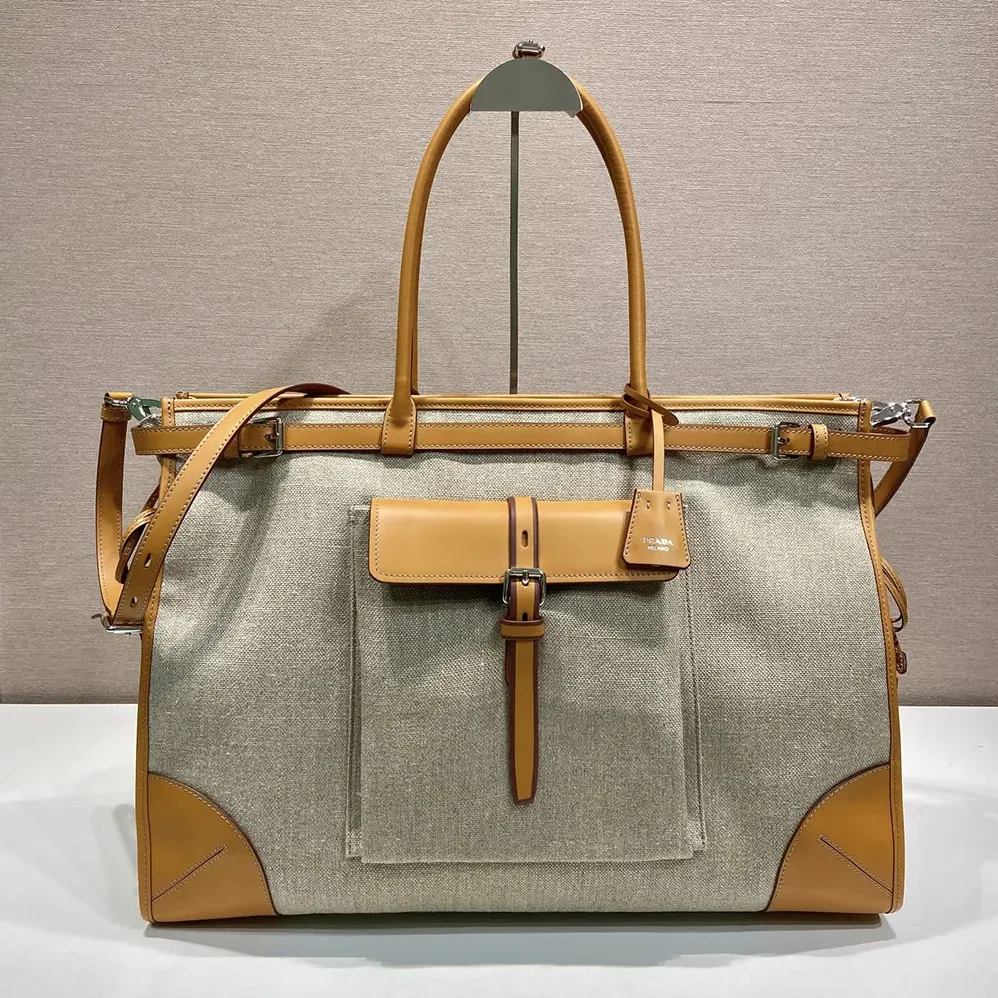 Prada Bonnie Linen and Leather Tote Bag for Unisex Prada Bonnie Linen and Leather Tote Bag for Unisex