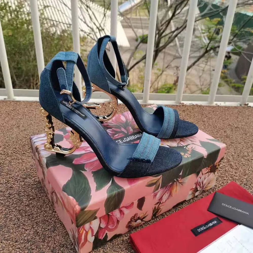 Dolce Gabbana D&G Patchwork Denim Sandals with Baroque DG Heel for Women Dolce Gabbana D&G Patchwork Denim Sandals with Baroque DG Heel for Women