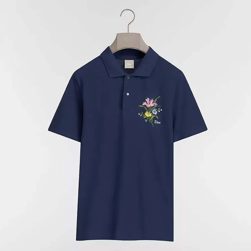 Dior Polo Shirt with Dior Secret Garden Embroidery Relaxed Fit Blue Cotton Piqué for Men
