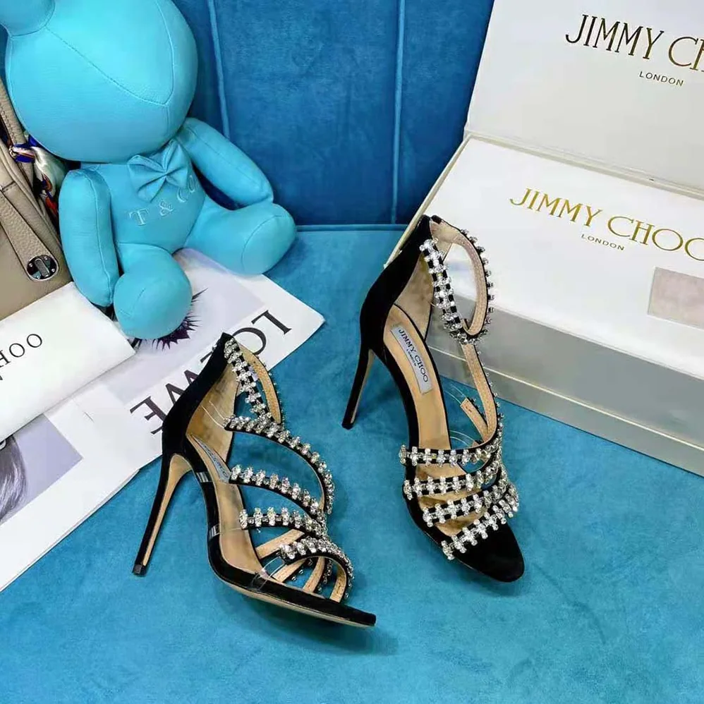 Jimmy Choo Josefine 100 Black Suede Sandals with Crystal Embellishment for Women Jimmy Choo Josefine 100 Black Suede Sandals with Crystal Embellishment for Women