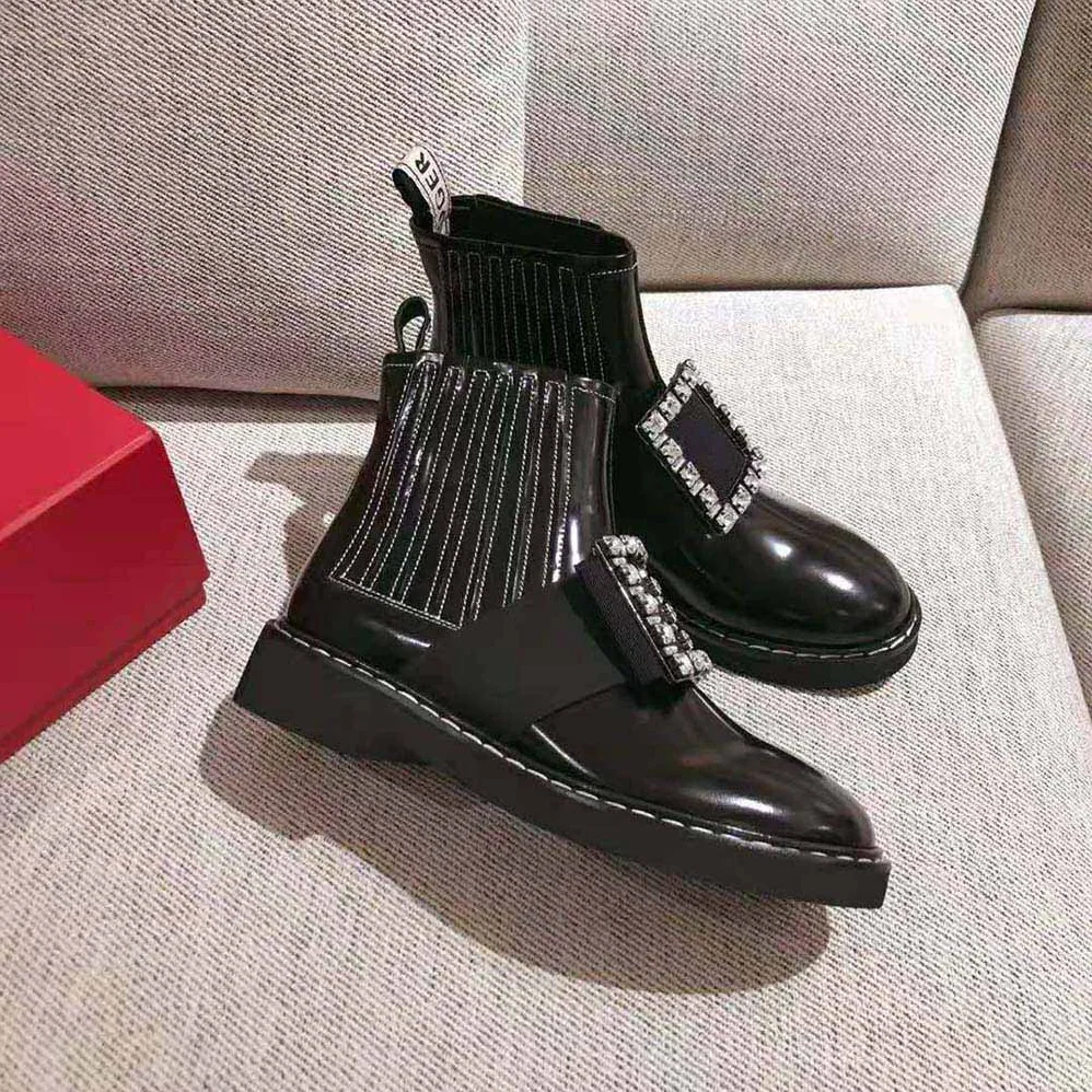 Roger Vivier Viv' Rangers Stitch Strass Buckle Booties in Leather for Women Roger Vivier Viv' Rangers Stitch Strass Buckle Booties in Leather for Women