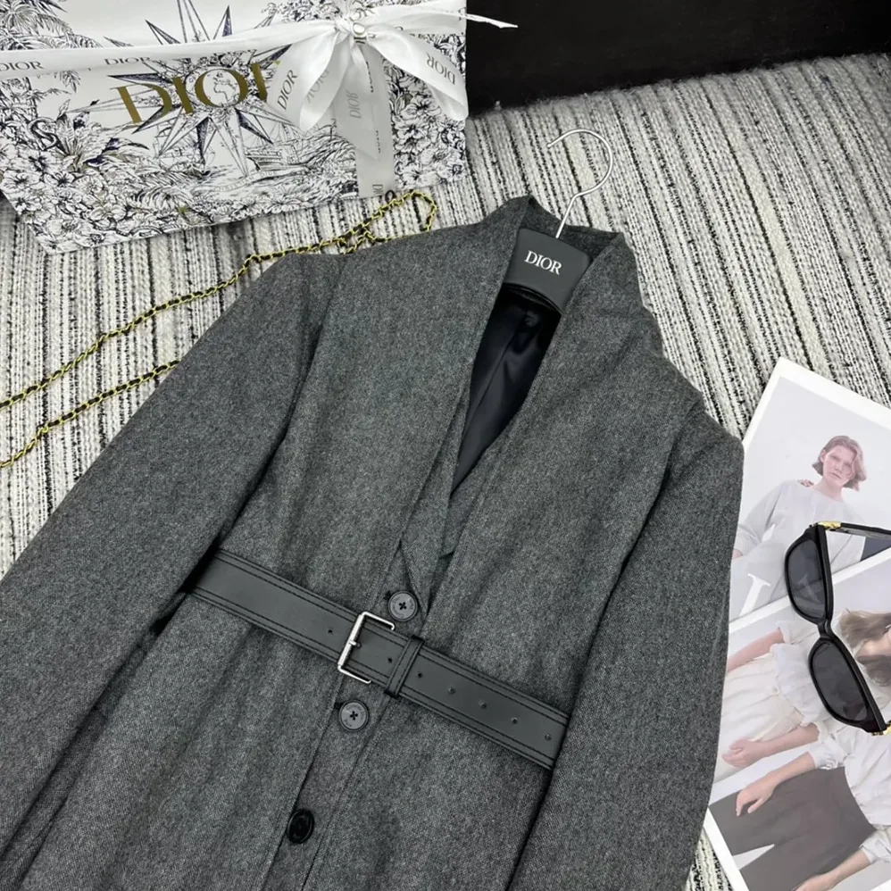 Dior Belted Jacket with Removable Scarf Gray Virgin Wool Tweed for Women