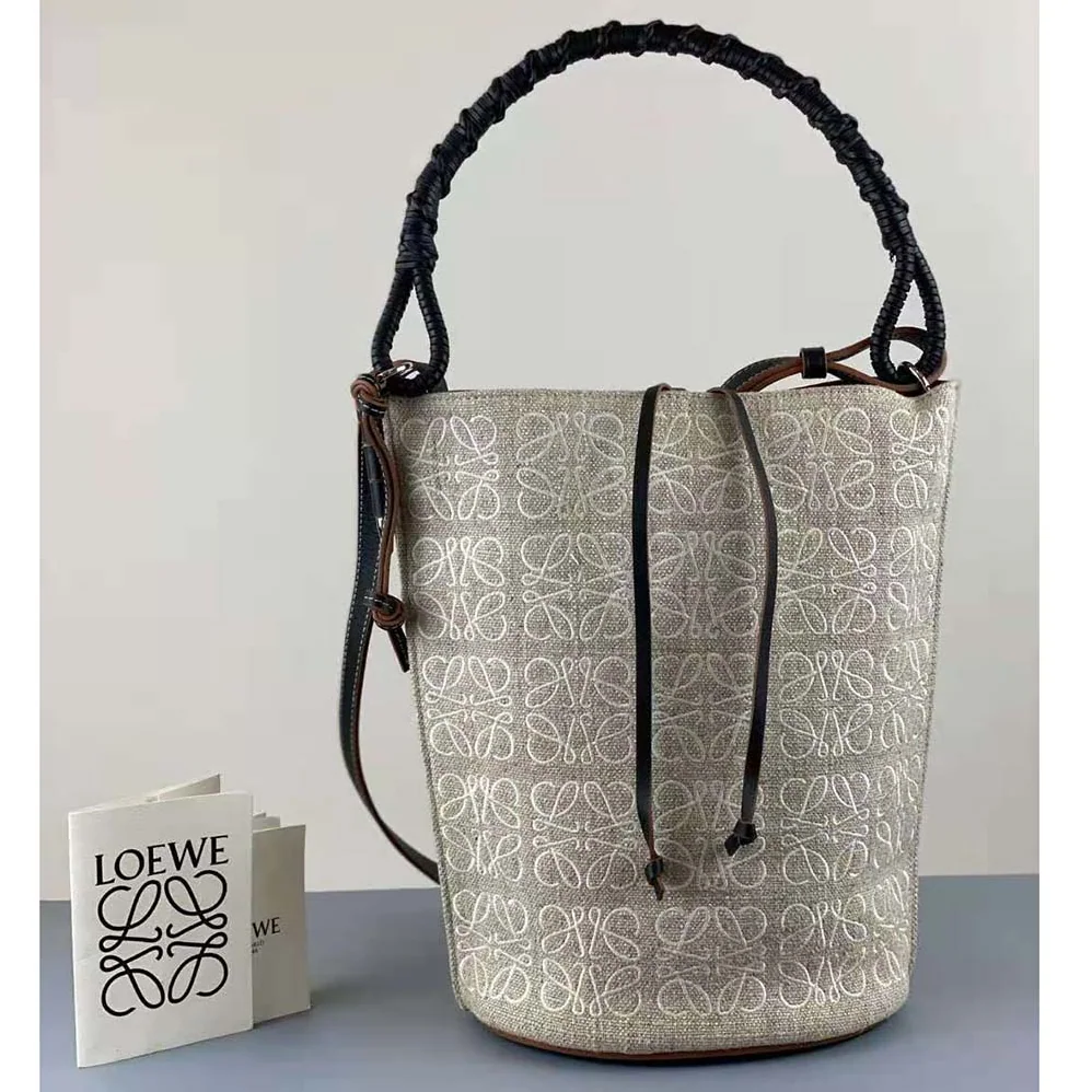 Loewe Gate Bucket Handle Bag in Anagram Linen and Calfskin for Women Loewe Gate Bucket Handle Bag in Anagram Linen and Calfskin for Women