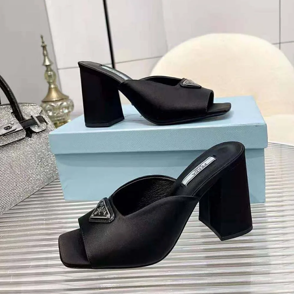 Prada High-Heeled Satin Slides for Women in Black Prada High-Heeled Satin Slides for Women in Black