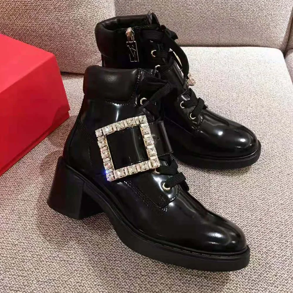 Roger Vivier Viv' Rangers Strass Buckle Ankle Boots in Leather-6cm Heel for Women Roger Vivier Viv' Rangers Strass Buckle Ankle Boots in Leather-6cm Heel for Women