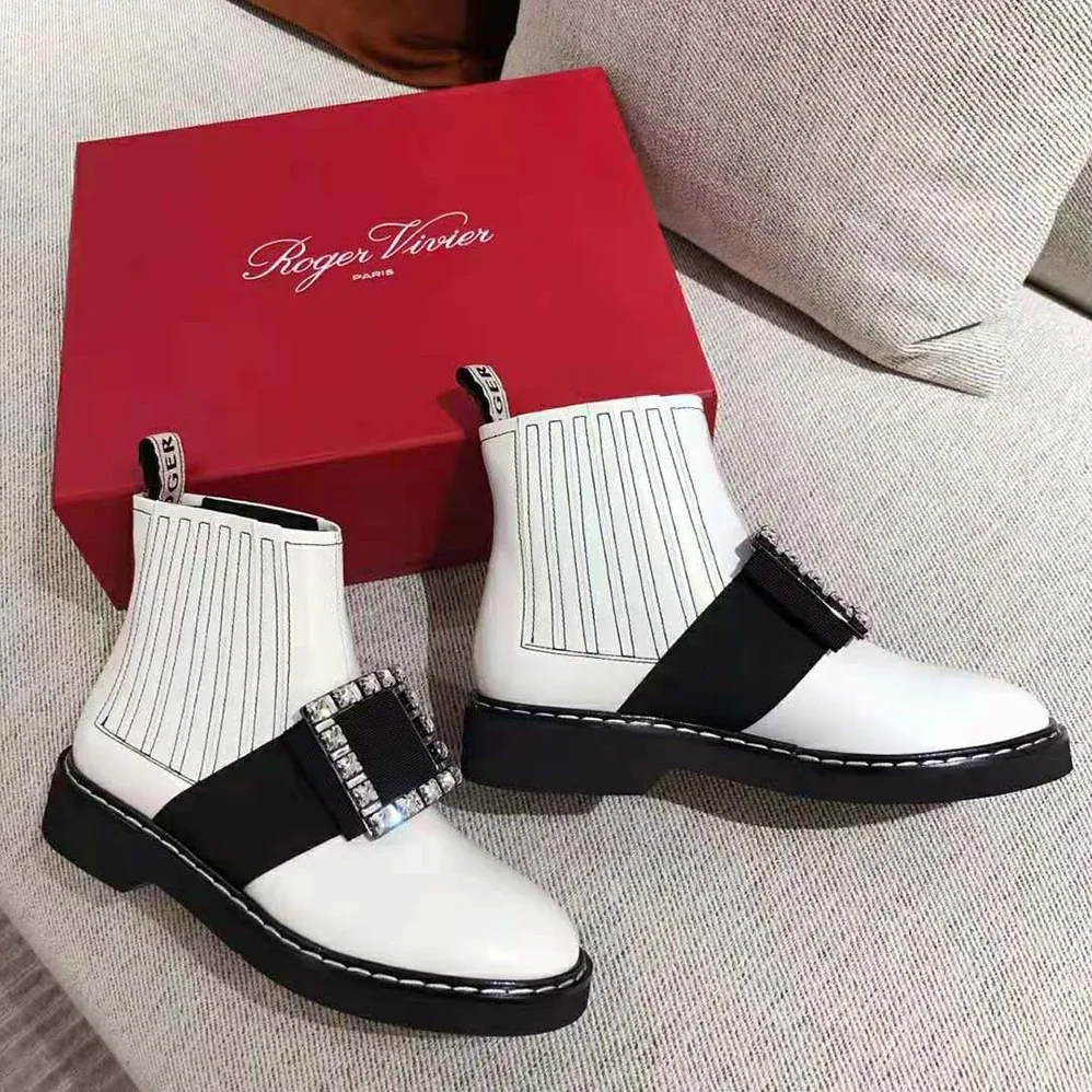 Roger Vivier Viv' Rangers Stitch Strass Buckle Booties in Leather for Women in White Roger Vivier Viv' Rangers Stitch Strass Buckle Booties in Leather for Women in White