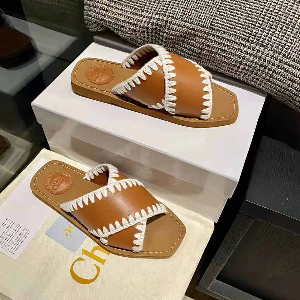Chloe Woody Flat Slide for Women in Brown