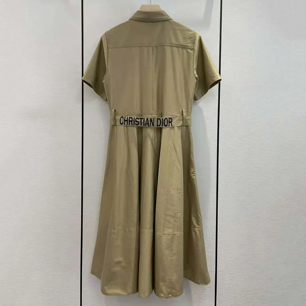 Dior Mid-Length Belted Pleated Dress Beige Technical Cotton Gabardine for Women