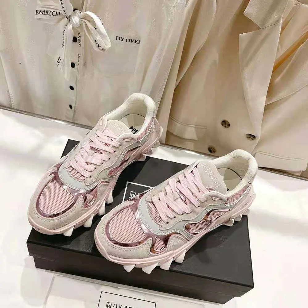 Balmain B-East Trainer in Leather Suede and Mesh for Women in Pink Balmain B-East Trainer in Leather Suede and Mesh for Women in Pink
