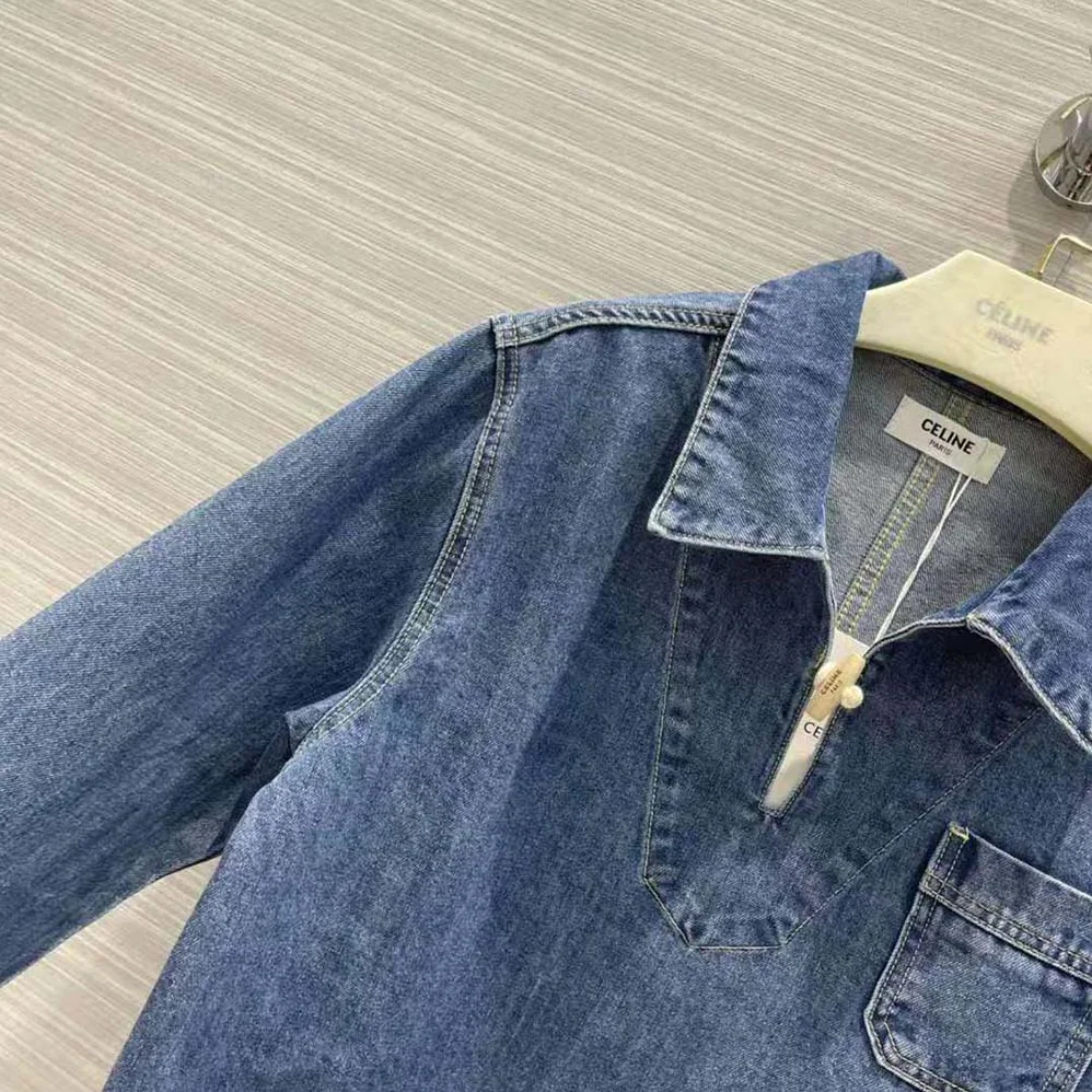 Celine Open-Collar Sweater in Pacific Sky Wash Denim for Women in Navy