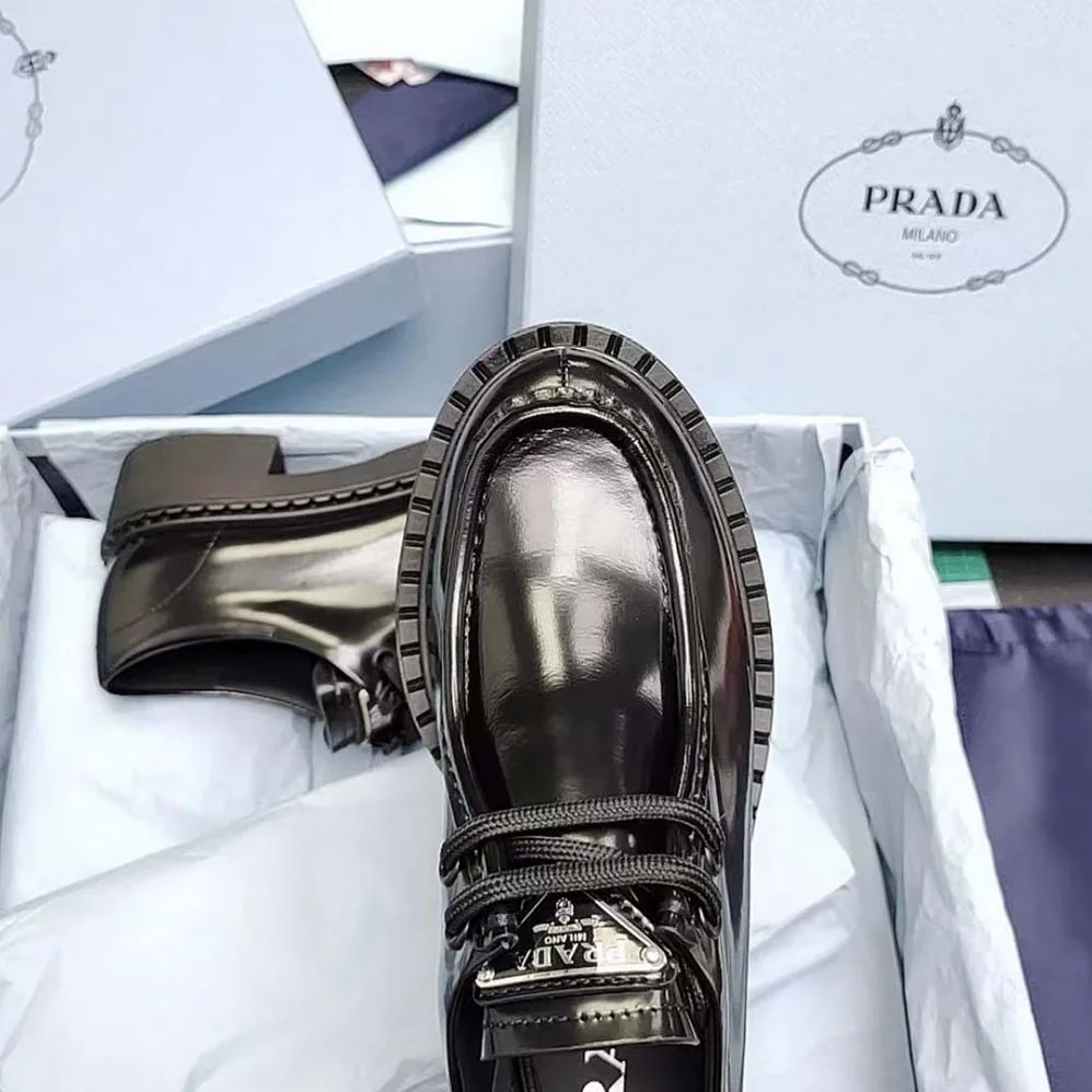 Prada Monolith Brushed Leather Lace-up Shoes for Women in Black Prada Monolith Brushed Leather Lace-up Shoes for Women in Black