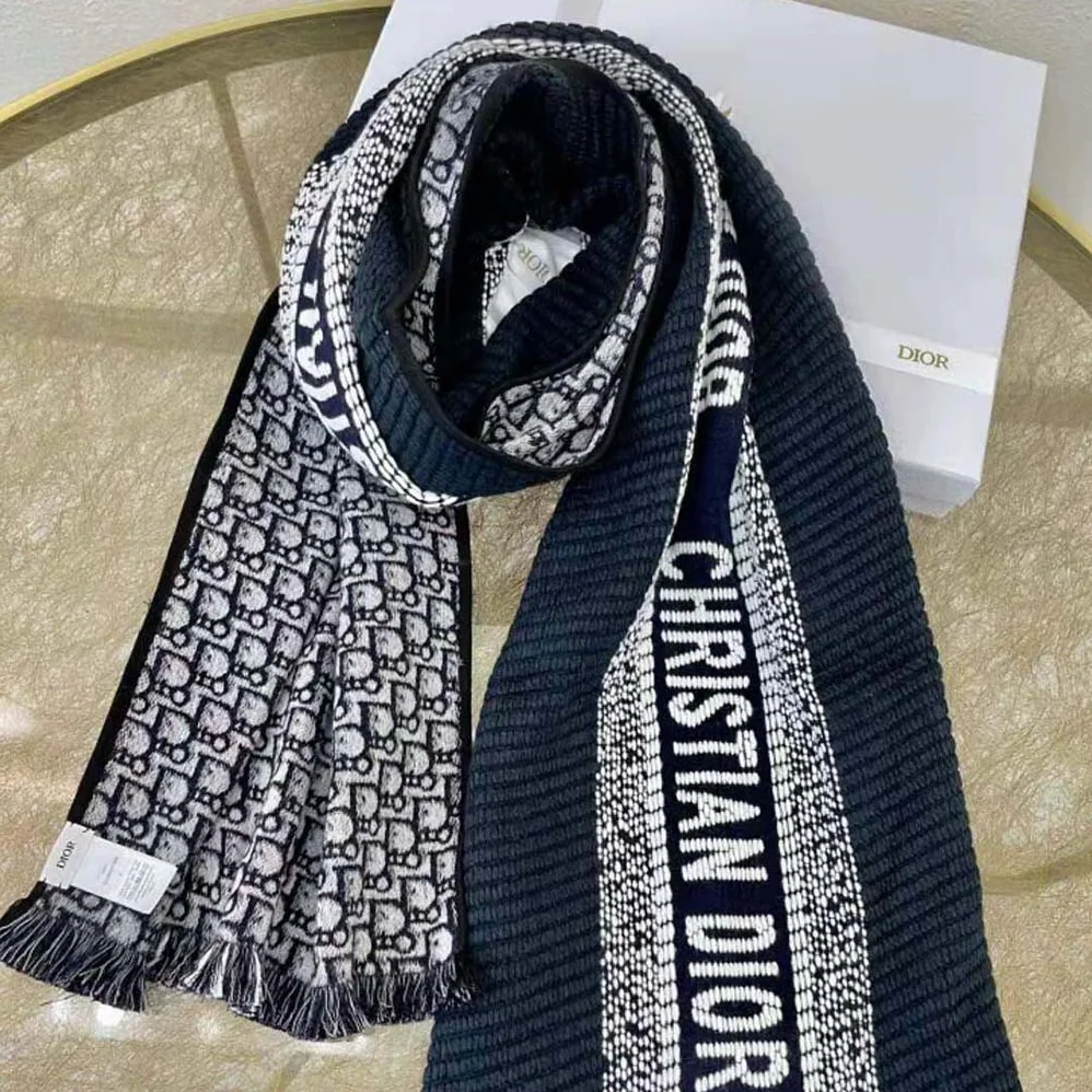 Dior Oblique University Reversible Scarf Navy Blue Wool and Silk for Women Dior Oblique University Reversible Scarf Navy Blue Wool and Silk for Women