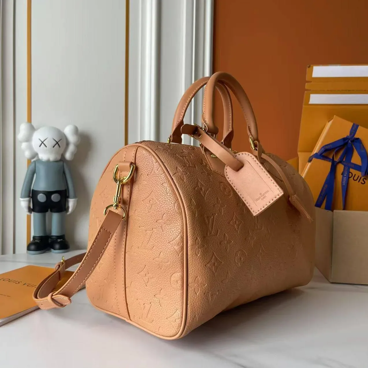 Louis Vuitton Speedy Soft 30 Top Handle Bag / Arizona Beige Monogram Empreinte Gold Hardware