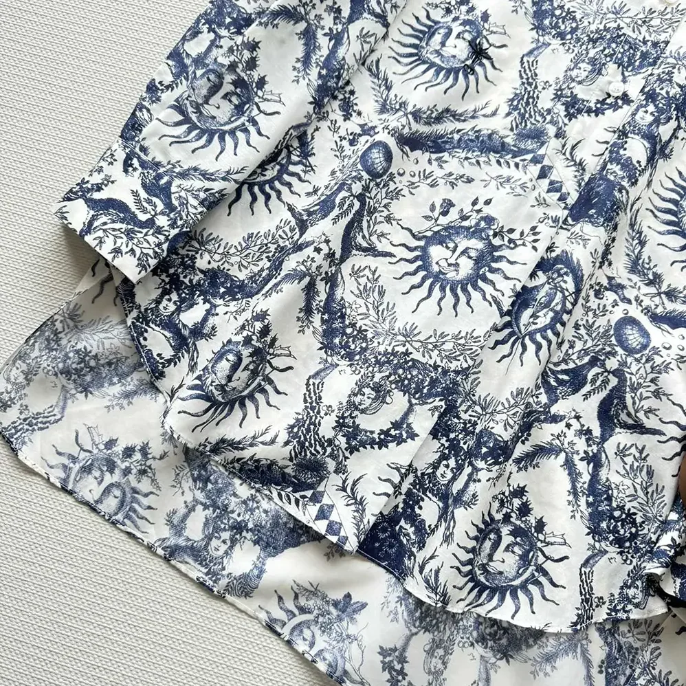 Dior Long Blouse White and Navy Blue Cotton Muslin with Toile de Jouy Soleil Motif for Women Dior Long Blouse White and Navy Blue Cotton Muslin with Toile de Jouy Soleil Motif for Women