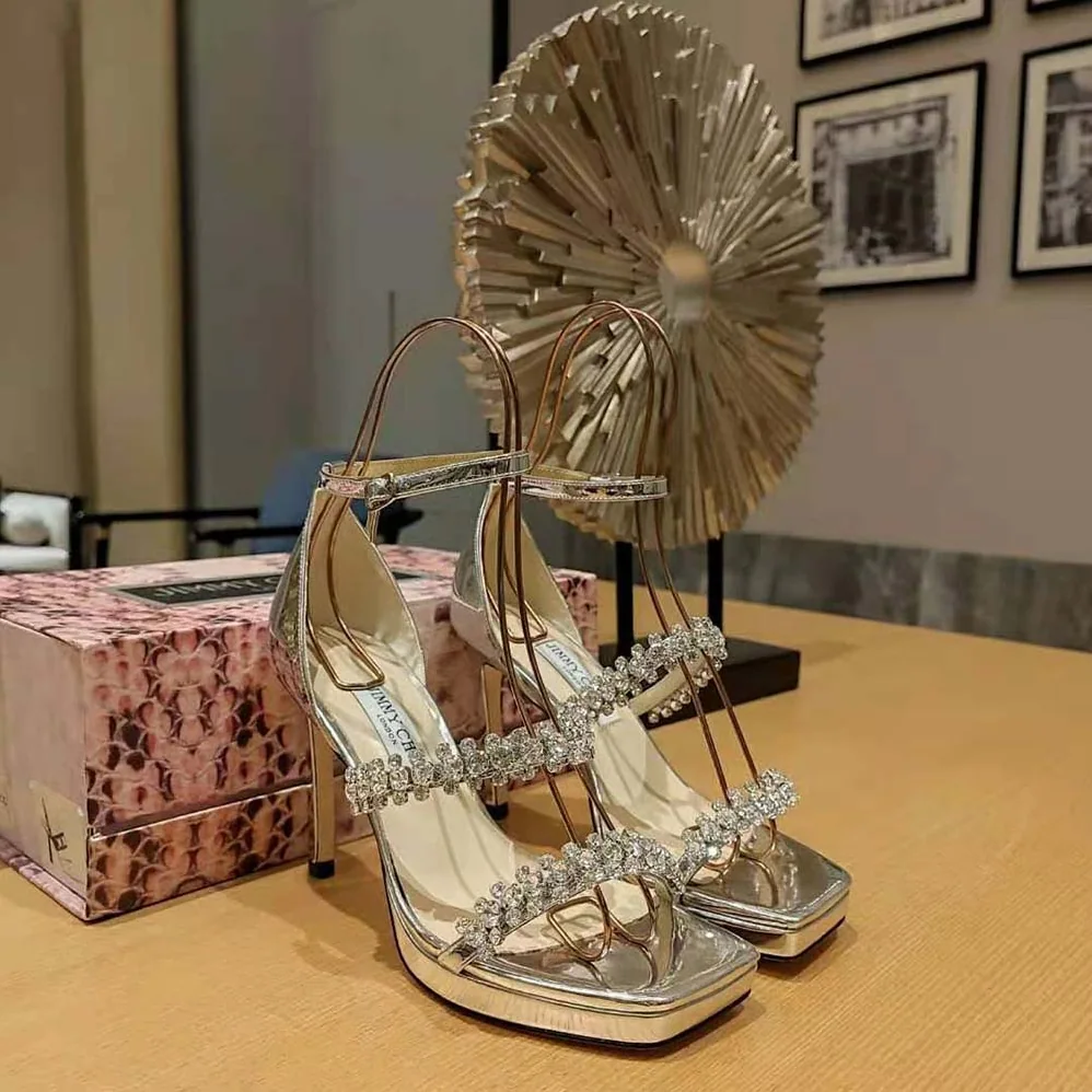 Jimmy Choo Bing Sandal 105 Silver Liquid Metal Sandals with Crystal Straps for Women Jimmy Choo Bing Sandal 105 Silver Liquid Metal Sandals with Crystal Straps for Women
