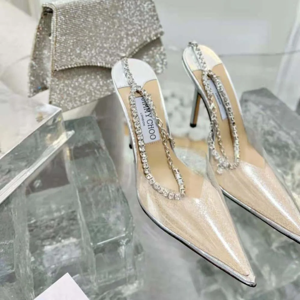 Jimmy Choo Saeda 100 Silver Glitter Plexi Pumps with Crystal Embellishment for Women