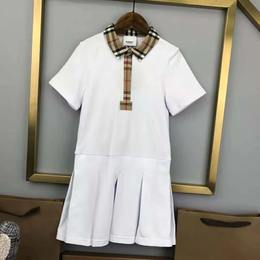 Burberry Girls' Vintage Check Trim Cotton Piqué Polo Shirt Dress in White Burberry Girls' Vintage Check Trim Cotton Piqué Polo Shirt Dress in White