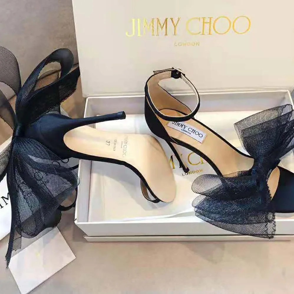Jimmy Choo Aveline 100 Black Sandals with Asymmetric Grosgrain Mesh Fascinator Bows for Women Jimmy Choo Aveline 100 Black Sandals with Asymmetric Grosgrain Mesh Fascinator Bows for Women