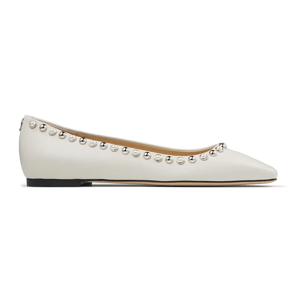 Jimmy Choo Mirele Flat Latte Nappa Leather Flats with Pearl Outline for Women