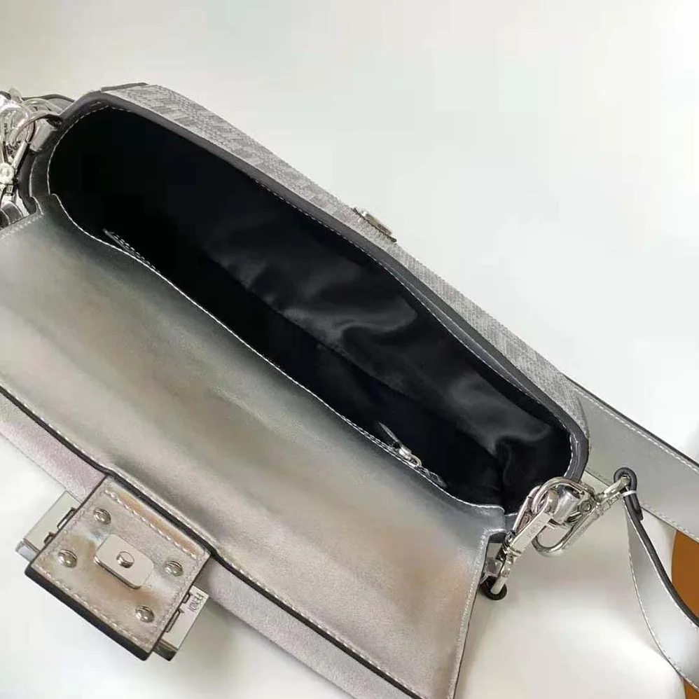 Fendi Baguette Silver Leather Bag with Crystal FF Motif for Women Fendi Baguette Silver Leather Bag with Crystal FF Motif for Women